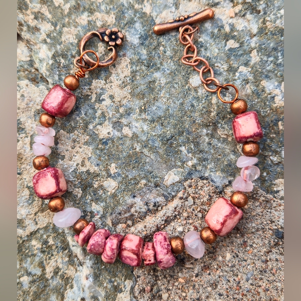 Rustic Primitive Pink Stones In Clay & Rose Quartz Handcrafted Copper Bracelet